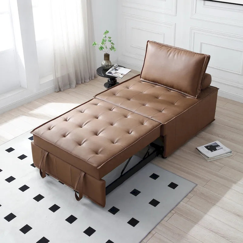 Divano letto estraibile singolo 3 in 1 in similpelle marrone/grigio scuro, stile ottomano