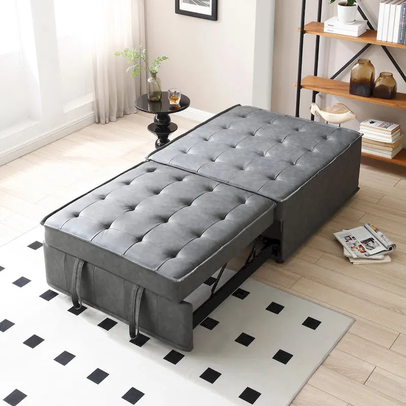 Divano letto estraibile singolo 3 in 1 in similpelle marrone/grigio scuro, stile ottomano