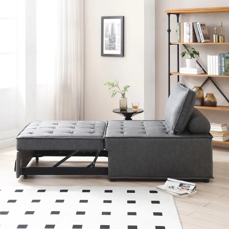 Divano letto estraibile singolo 3 in 1 in similpelle marrone/grigio scuro, stile ottomano