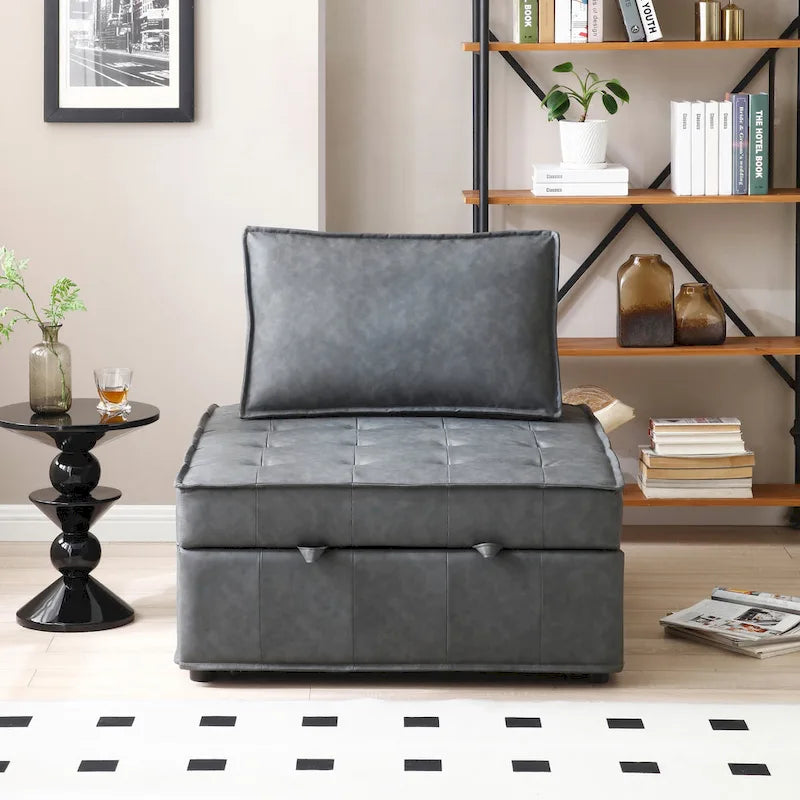 Divano letto estraibile singolo 3 in 1 in similpelle marrone/grigio scuro, stile ottomano