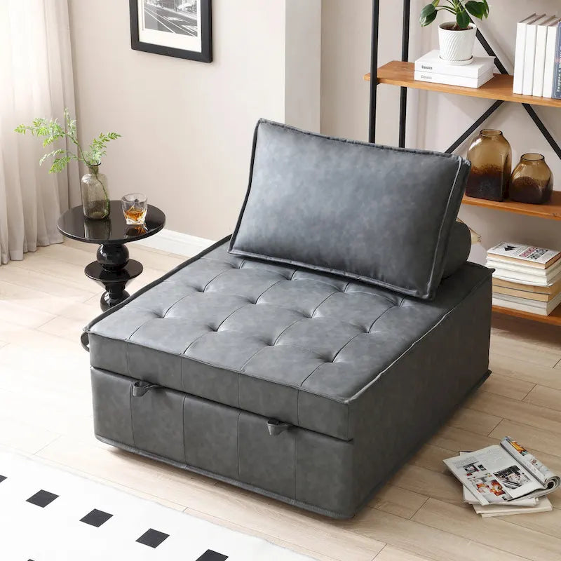 Divano letto estraibile singolo 3 in 1 in similpelle marrone/grigio scuro, stile ottomano