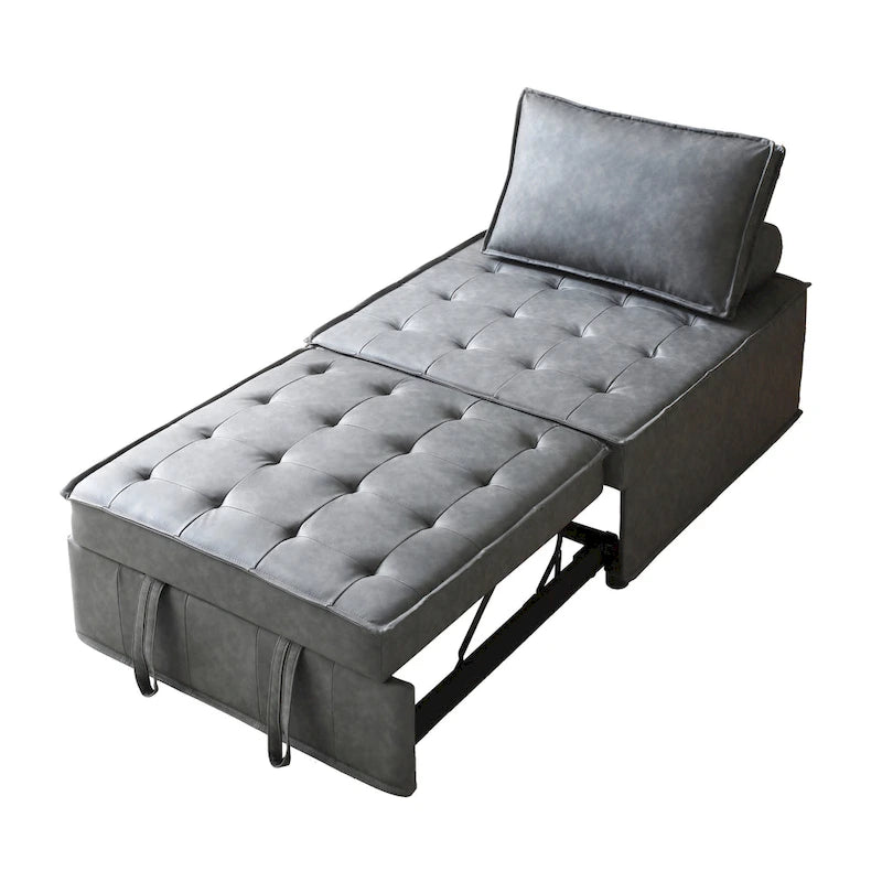 Divano letto estraibile singolo 3 in 1 in similpelle marrone/grigio scuro, stile ottomano