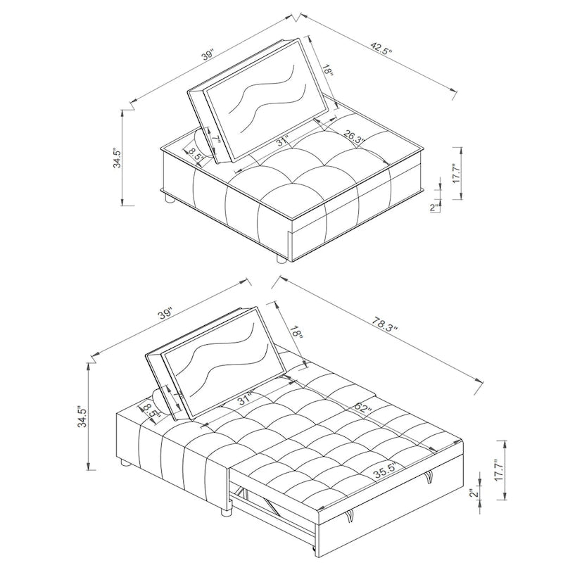 Divano letto estraibile singolo 3 in 1 in similpelle marrone/grigio scuro, stile ottomano