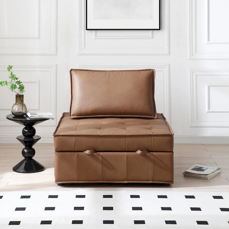 Divano letto estraibile singolo 3 in 1 in similpelle marrone/grigio scuro, stile ottomano