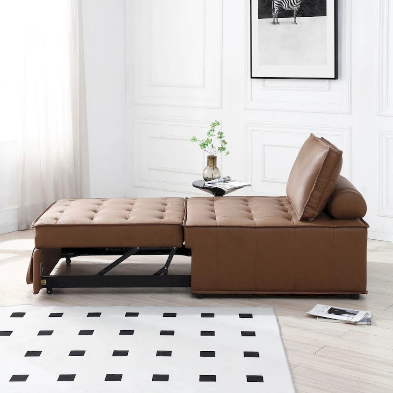 Divano letto estraibile singolo 3 in 1 in similpelle marrone/grigio scuro, stile ottomano