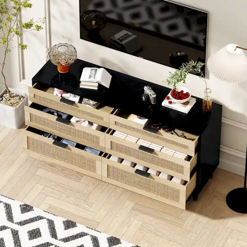 Cassettiera a 6 cassetti in rattan (Nero / Bianco / Rovere) – Singola