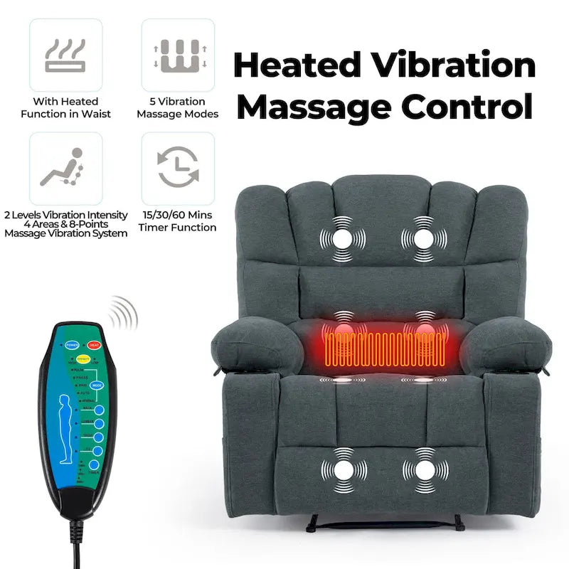 Poltrona reclinabile manuale in ciniglia grigia con massaggio e riscaldamento lombare, seduta singola