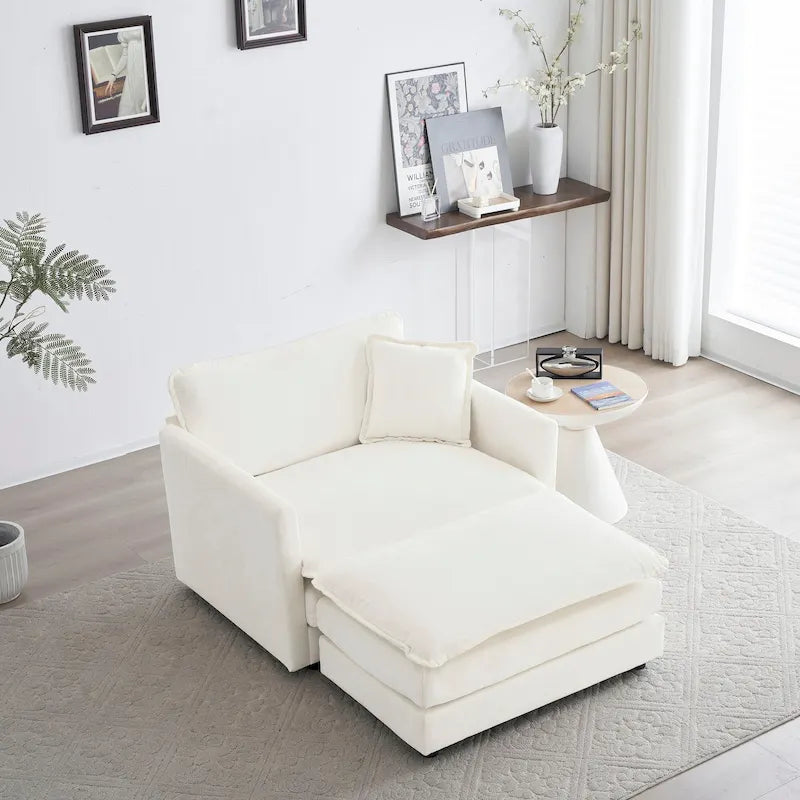 Divano componibile monoposto in ciniglia bianca con pouf
