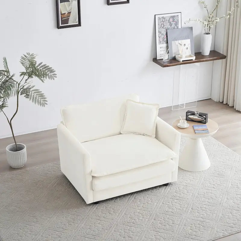 Divano componibile monoposto in ciniglia bianca con pouf