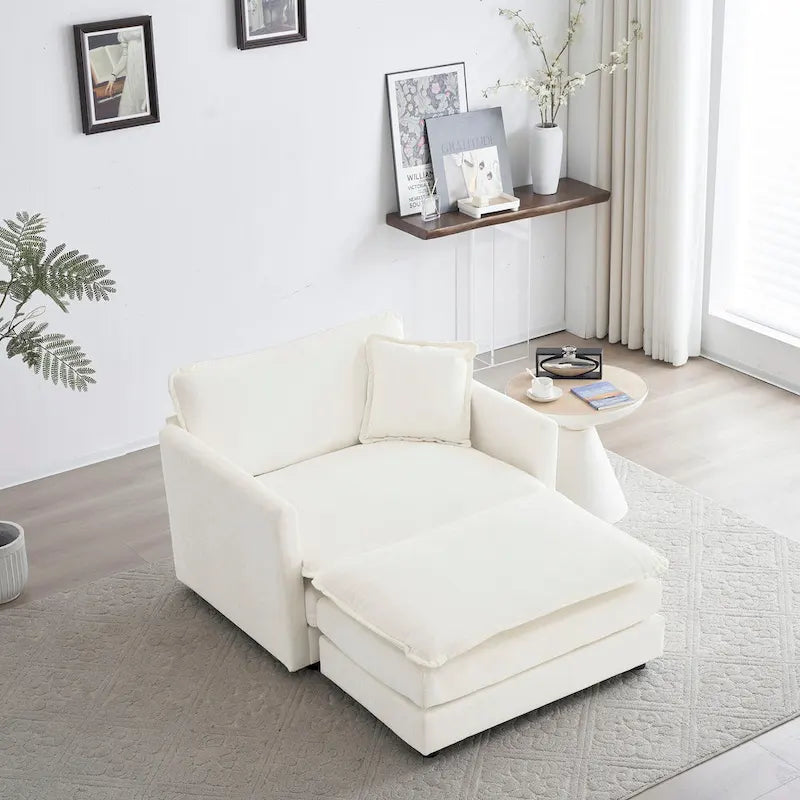 Divano componibile monoposto in ciniglia bianca con pouf