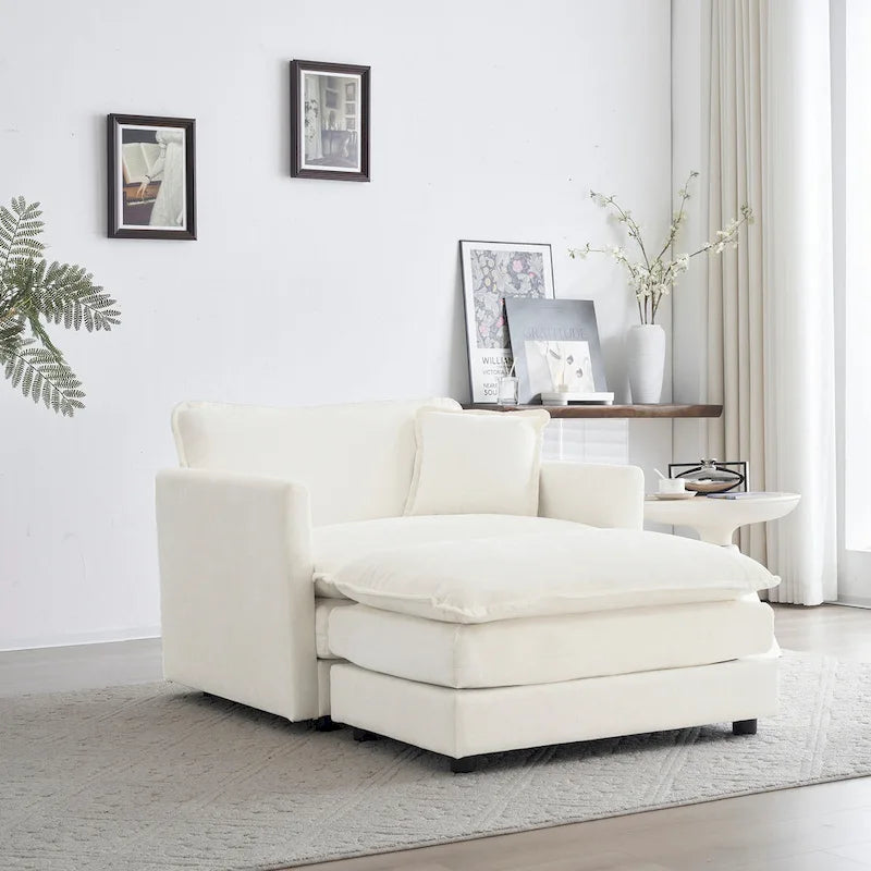 Divano componibile monoposto in ciniglia bianca con pouf