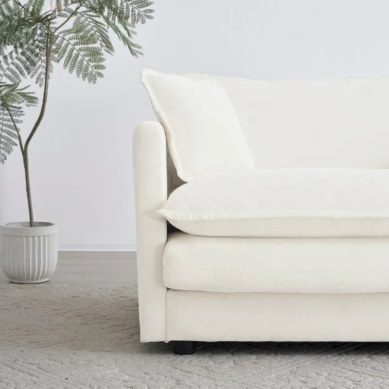Divano componibile monoposto in ciniglia bianca con pouf