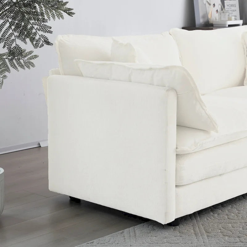 Divano componibile monoposto in ciniglia bianca con pouf