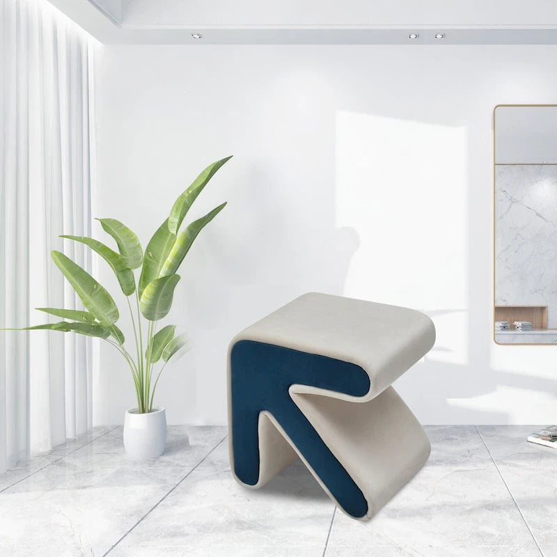 Poggiapiedi/Sgabello Ottomano in Velluto Beige con Motivo a Freccia, Multiuso, 1 Posto