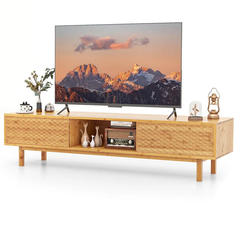 Costway 63  Bamboo TV Stand with 3 Storage Cubes Sliding Doors Mid - See Details
