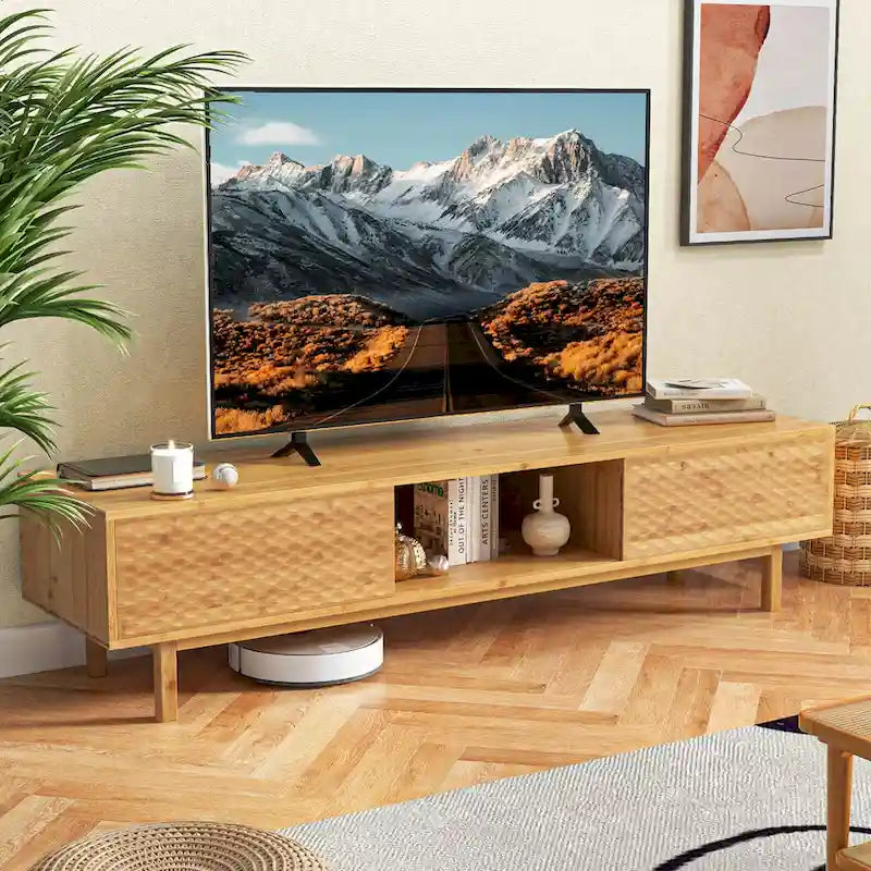 Mobile TV in bambù naturale con ante scorrevoli e 3 scomparti, adatto a TV fino a 70", 1 persona