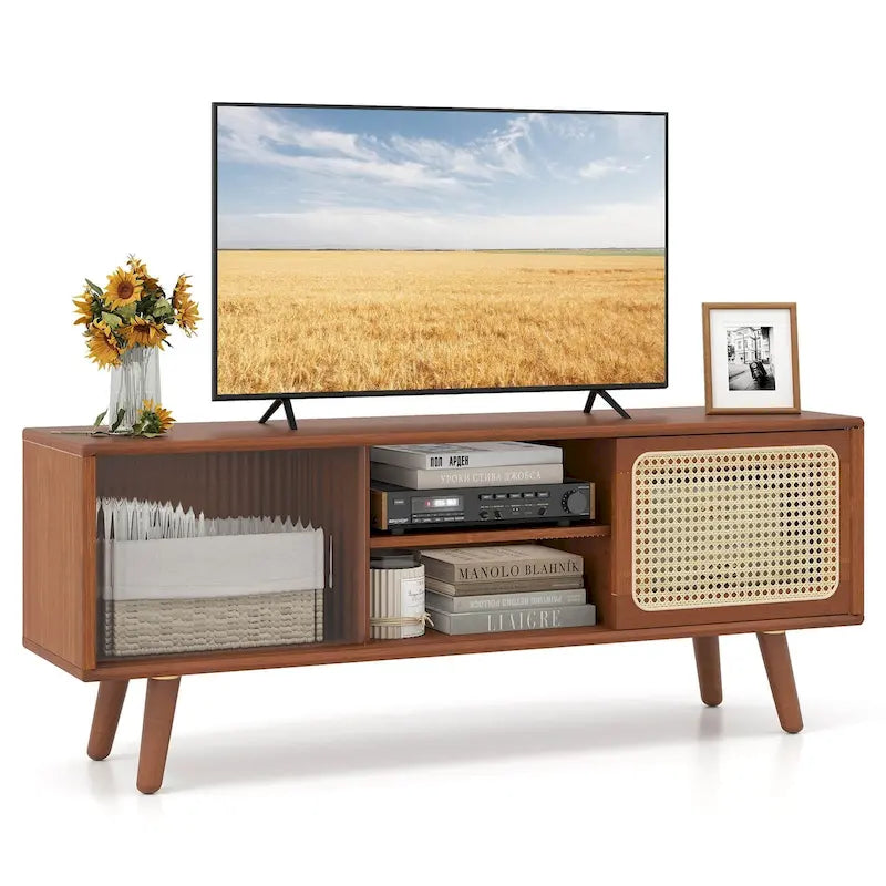Mobile porta TV basso Marrone / Naturale con ante scorrevoli in rattan e vetro, Stile Mid-Century