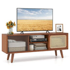 Mobile porta TV basso Marrone / Naturale con ante scorrevoli in rattan e vetro, Stile Mid-Century