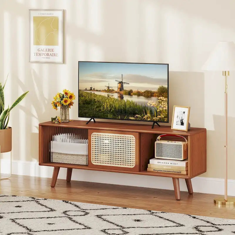 Mobile porta TV basso Marrone / Naturale con ante scorrevoli in rattan e vetro, Stile Mid-Century
