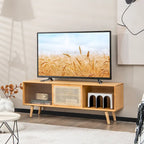 Mobile porta TV basso Marrone / Naturale con ante scorrevoli in rattan e vetro, Stile Mid-Century