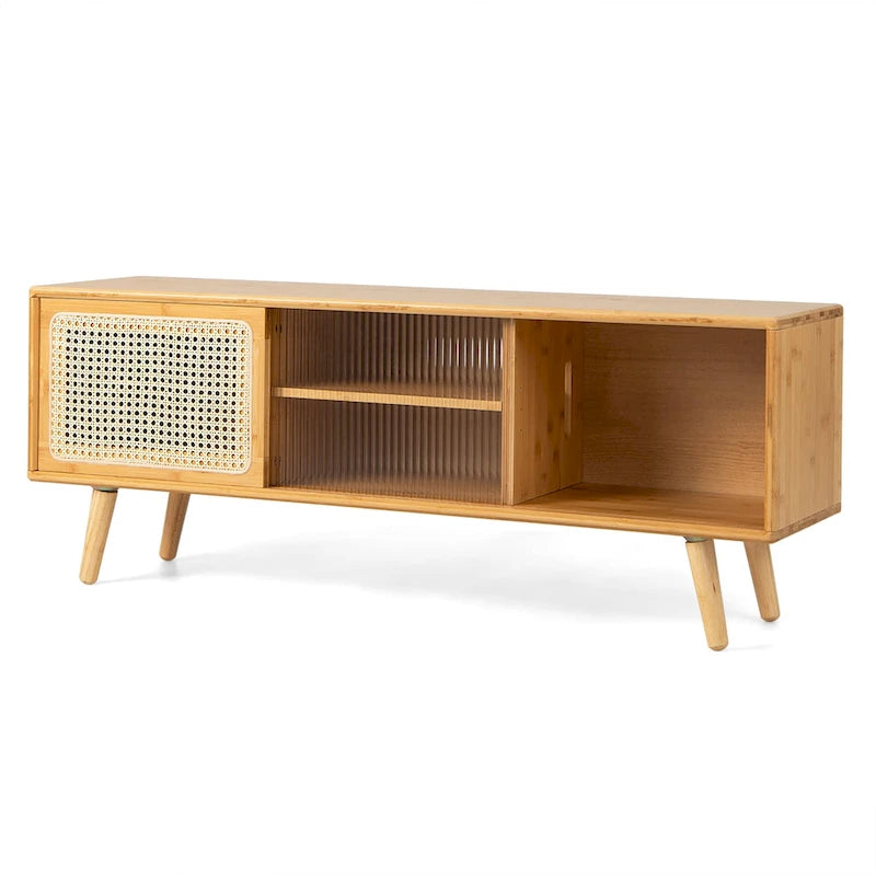 Mobile porta TV basso Marrone / Naturale con ante scorrevoli in rattan e vetro, Stile Mid-Century