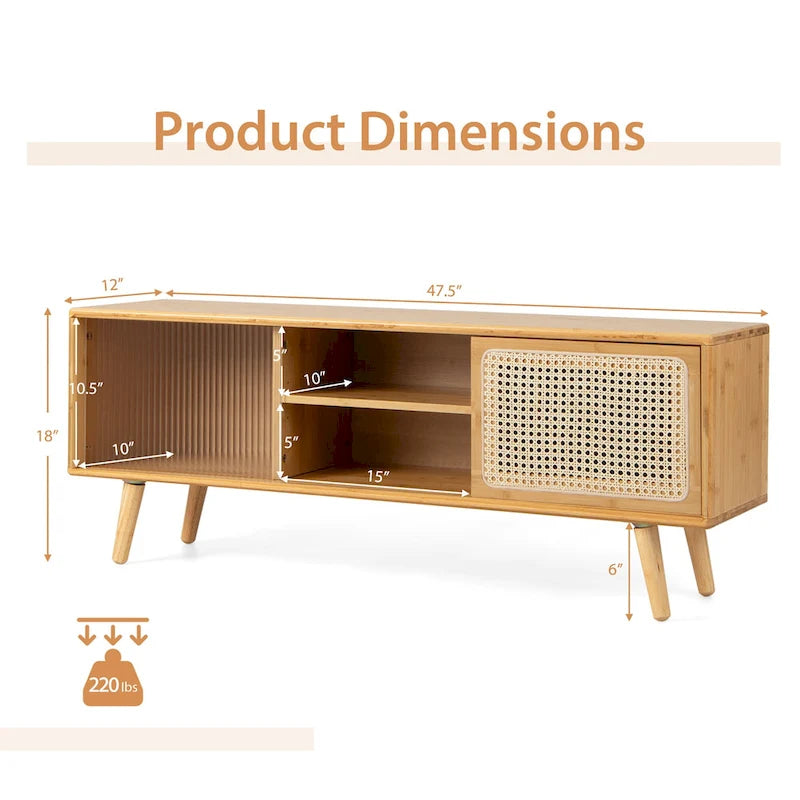 Mobile porta TV basso Marrone / Naturale con ante scorrevoli in rattan e vetro, Stile Mid-Century