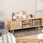 Mobile porta TV basso Marrone / Naturale con ante scorrevoli in rattan e vetro, Stile Mid-Century