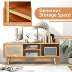 Mobile porta TV basso Marrone / Naturale con ante scorrevoli in rattan e vetro, Stile Mid-Century