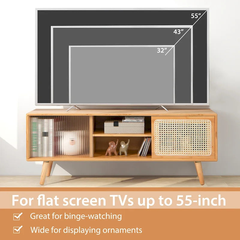 Mobile porta TV basso Marrone / Naturale con ante scorrevoli in rattan e vetro, Stile Mid-Century
