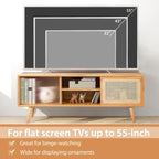 Mobile porta TV basso Marrone / Naturale con ante scorrevoli in rattan e vetro, Stile Mid-Century