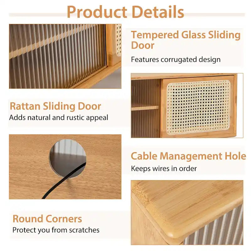 Mobile porta TV basso Marrone / Naturale con ante scorrevoli in rattan e vetro, Stile Mid-Century