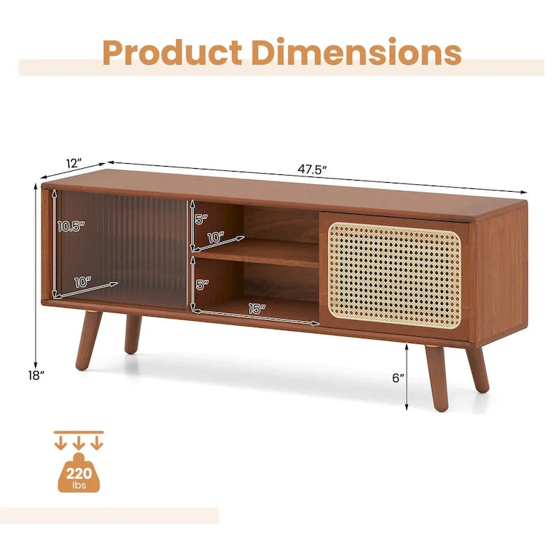 Mobile porta TV basso Marrone / Naturale con ante scorrevoli in rattan e vetro, Stile Mid-Century