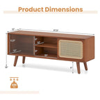 Mobile porta TV basso Marrone / Naturale con ante scorrevoli in rattan e vetro, Stile Mid-Century