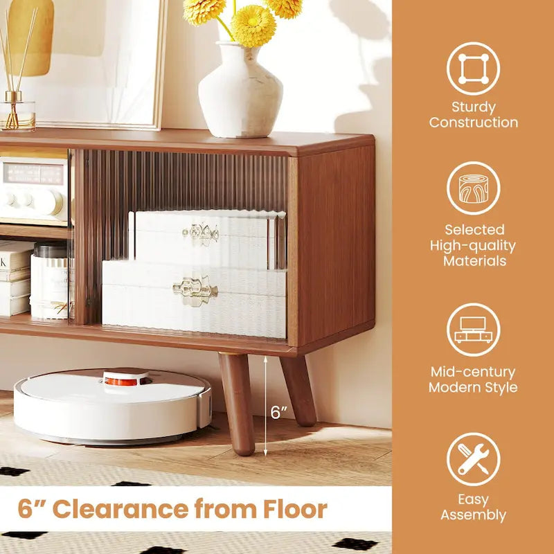 Mobile porta TV basso Marrone / Naturale con ante scorrevoli in rattan e vetro, Stile Mid-Century