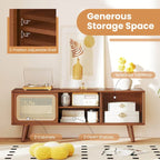 Mobile porta TV basso Marrone / Naturale con ante scorrevoli in rattan e vetro, Stile Mid-Century