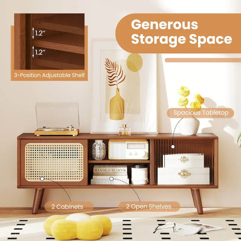 Mobile porta TV basso Marrone / Naturale con ante scorrevoli in rattan e vetro, Stile Mid-Century