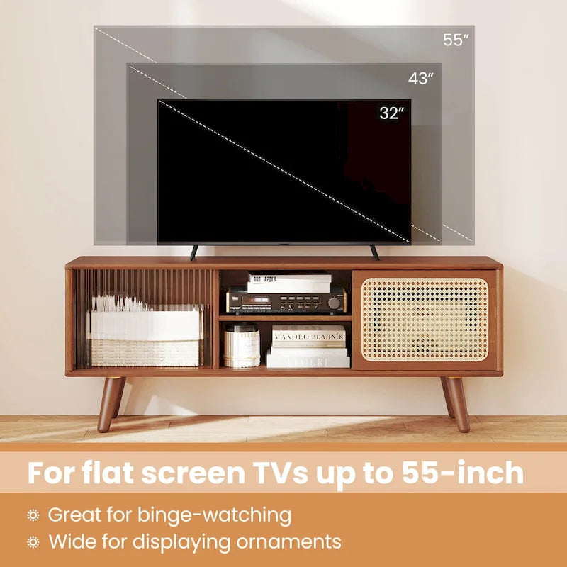 Mobile porta TV basso Marrone / Naturale con ante scorrevoli in rattan e vetro, Stile Mid-Century