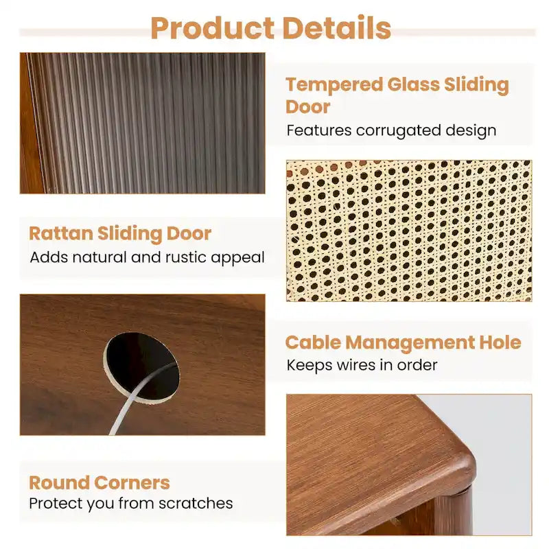 Mobile porta TV basso Marrone / Naturale con ante scorrevoli in rattan e vetro, Stile Mid-Century