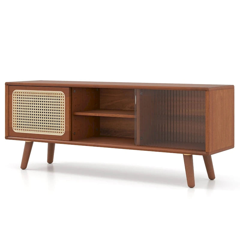 Mobile porta TV basso Marrone / Naturale con ante scorrevoli in rattan e vetro, Stile Mid-Century