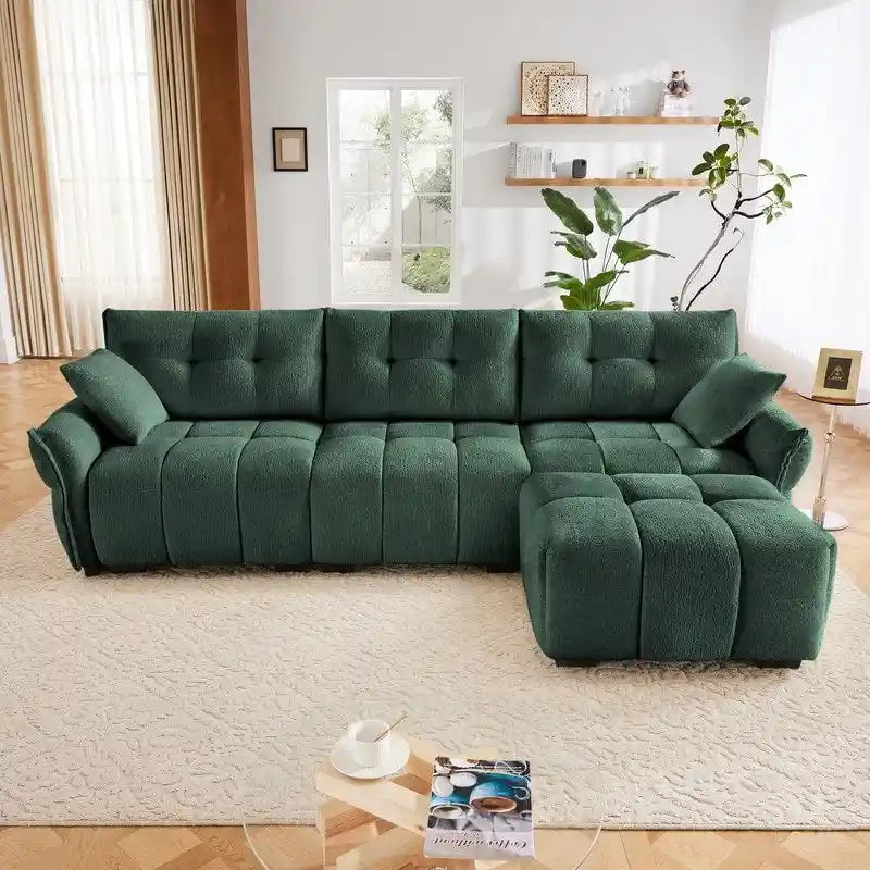 Divano a 3 posti in ciniglia blu/verde/arancione bruciato/bianco con pouf