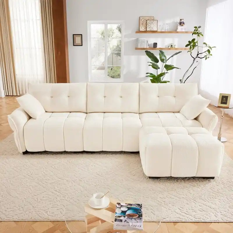 Divano a 3 posti in ciniglia blu/verde/arancione bruciato/bianco con pouf