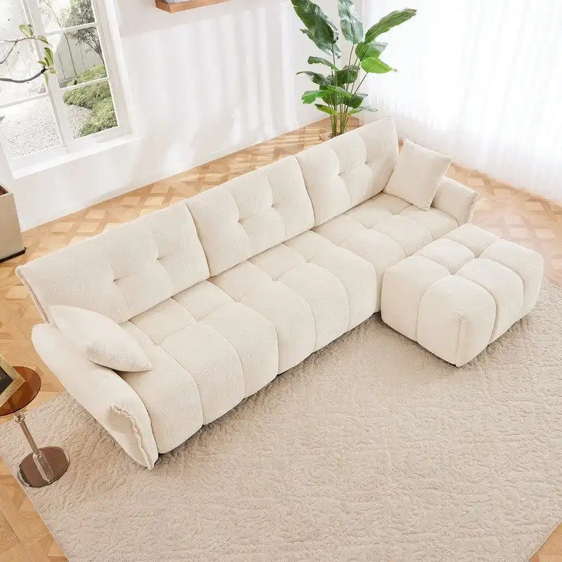 Divano a 3 posti in ciniglia blu/verde/arancione bruciato/bianco con pouf