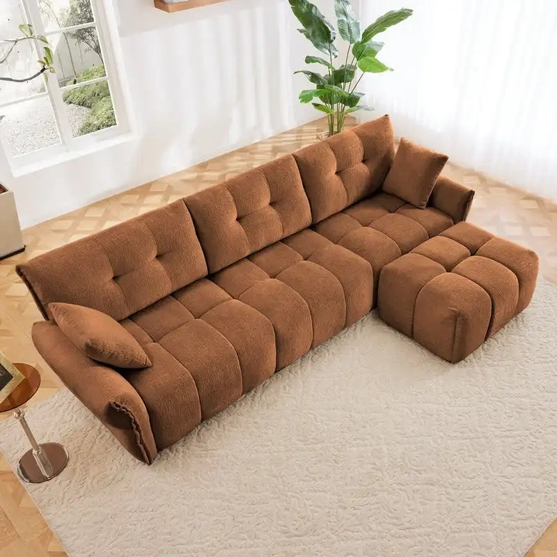 Divano a 3 posti in ciniglia blu/verde/arancione bruciato/bianco con pouf