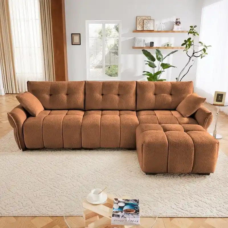 Divano a 3 posti in ciniglia blu/verde/arancione bruciato/bianco con pouf