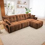 Divano a 3 posti in ciniglia blu/verde/arancione bruciato/bianco con pouf