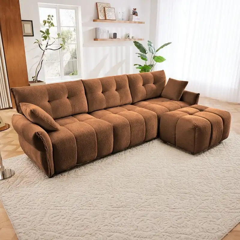 Divano a 3 posti in ciniglia blu/verde/arancione bruciato/bianco con pouf