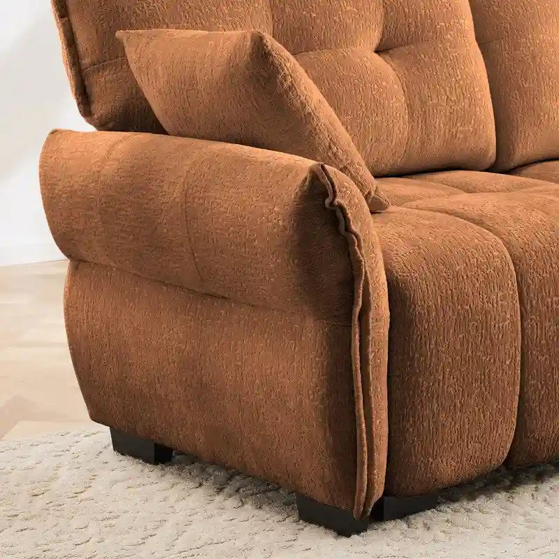 Divano a 3 posti in ciniglia blu/verde/arancione bruciato/bianco con pouf