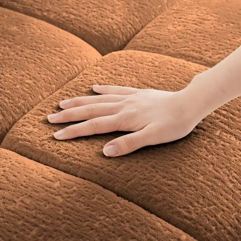 Divano a 3 posti in ciniglia blu/verde/arancione bruciato/bianco con pouf