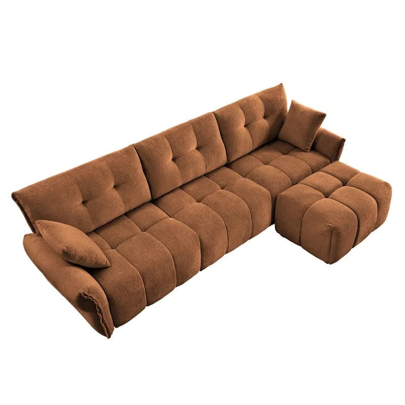 Divano a 3 posti in ciniglia blu/verde/arancione bruciato/bianco con pouf