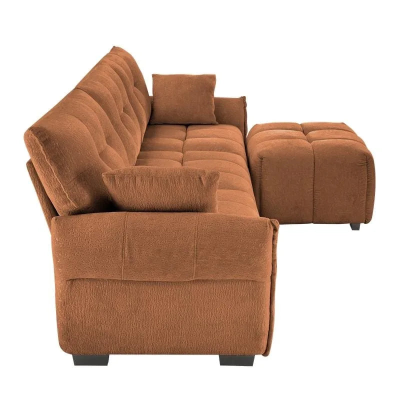 Divano a 3 posti in ciniglia blu/verde/arancione bruciato/bianco con pouf